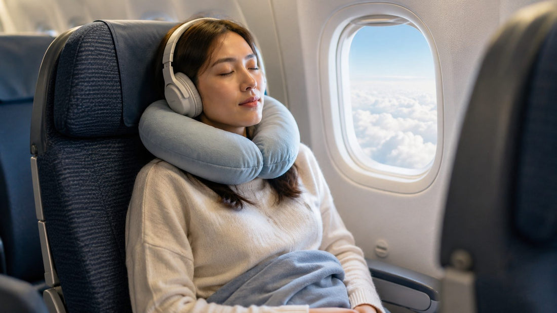 Traveller asleep in an economy window seat wearing headphones and a blue travel neck pillow, clouds outside the cabin window