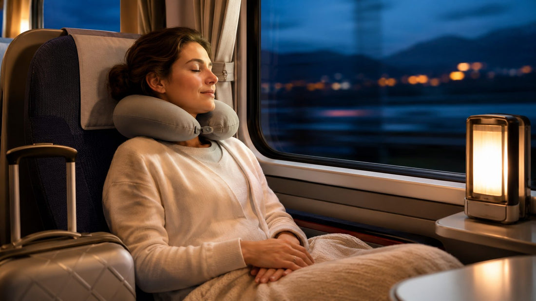 Traveller asleep with a grey travel neck pillow on an overnight train, town lights outside the window