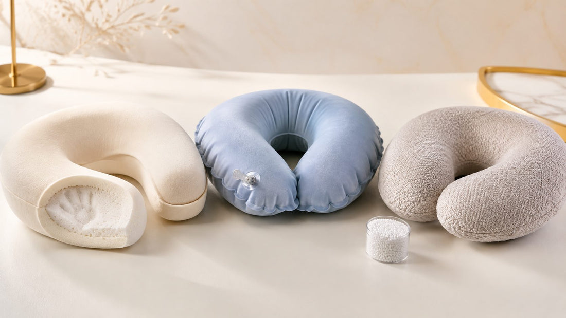 Three travel pillow types side by side: memory foam cut open to show the foam core, an inflatable pillow with its valve, and a microbead pillow beside a jar of beads