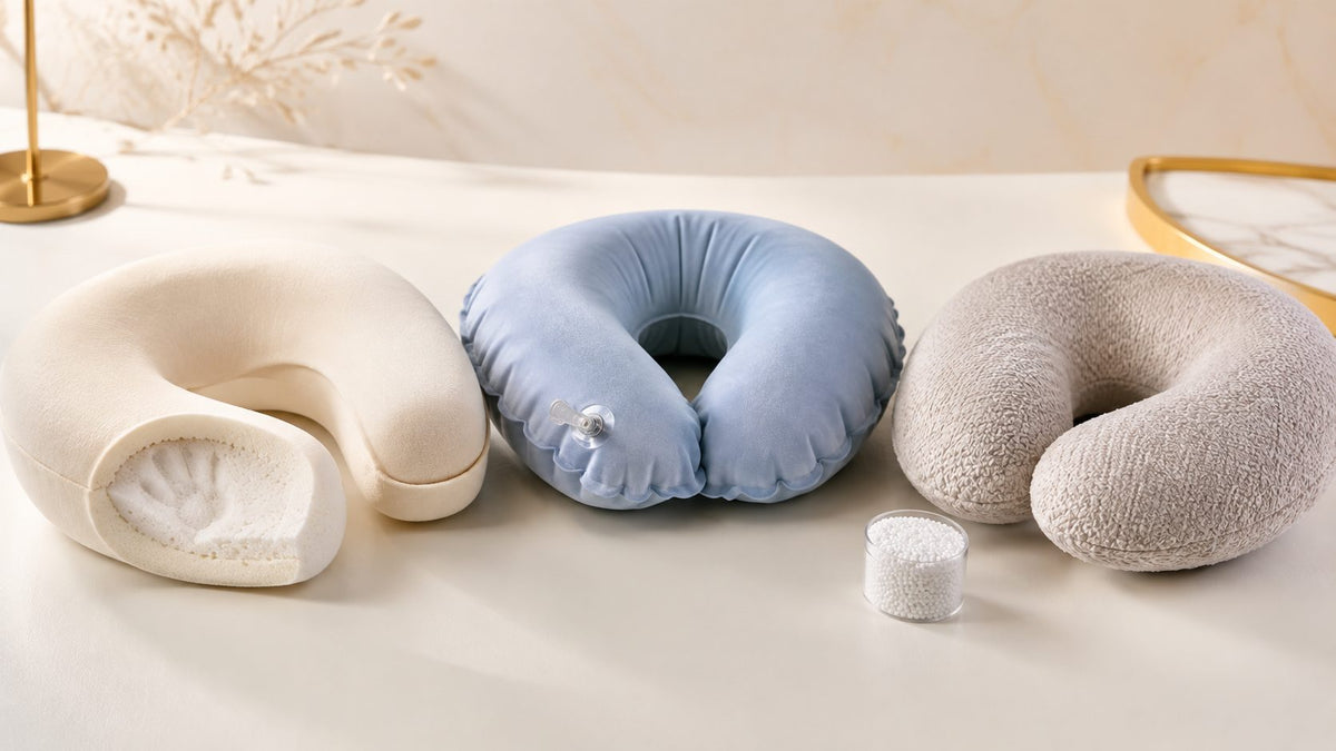 Three travel pillow types side by side: memory foam cut open to show the foam core, an inflatable pillow with its valve, and a microbead pillow beside a jar of beads