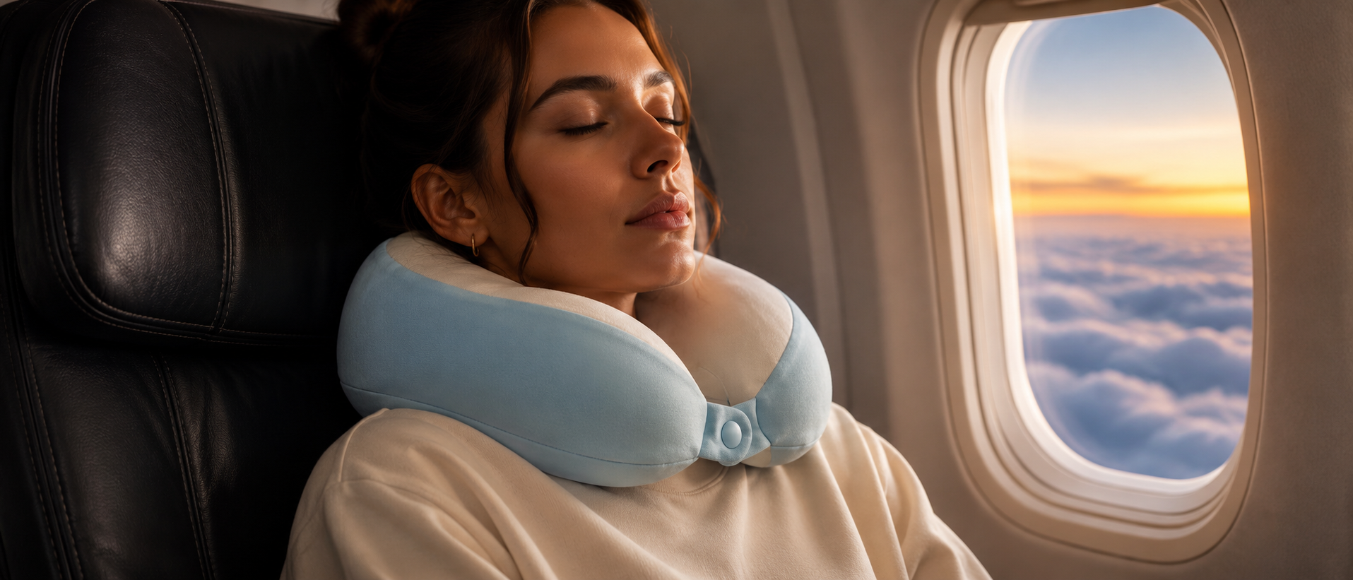 Traveler wearing the Velura travel pillow on a flight