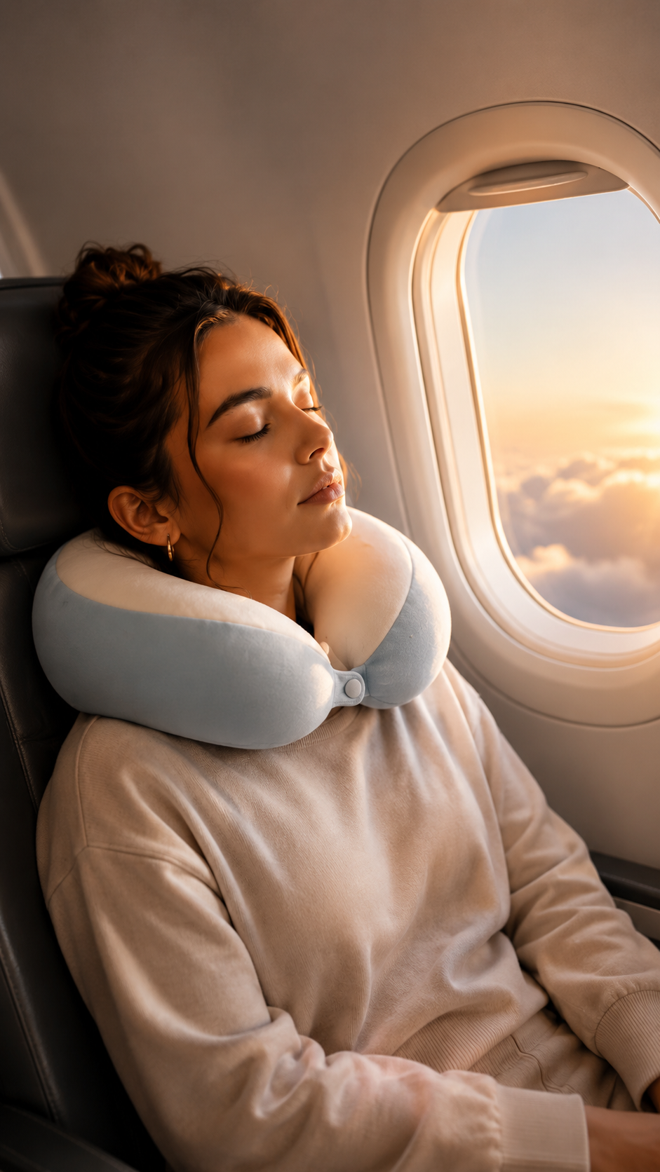 Traveler wearing the Velura travel pillow on a flight